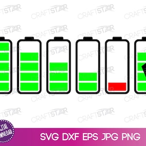 バッテリー シンボル SVG | バッテリー充電アイコン - 低エネルギーから高エネルギーおよび充電サイン | 印刷可能な jpg、png、dxf、eps 形式