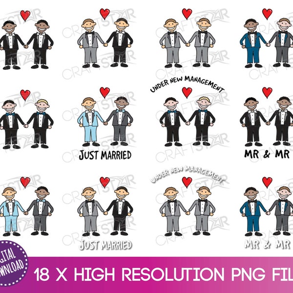 LGBT Wedding PNG Files - 18 files - Male Couple Clipart, Mr & Mr, Just Married files for Print and Cut, Sublimation, Gay Wedding Gifts