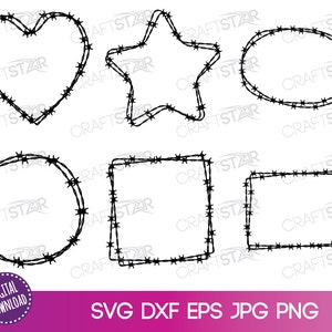 May include: Five different shapes of barbed wire frames. The shapes are a heart, a star, a circle, a square, and a rectangle.