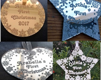 Personalized name bauble heart star shape first Christmas tree ornament decorations Xmas any message your text clear gold or silver mirror