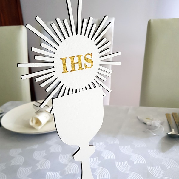 First Holy Communion chalice wooden table centerpiece