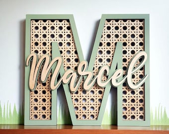 Wooden name sign, rattan monogram letter personalized nursery boho decor wood plaque kids bedroom child name sign laser cut