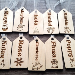 10 Christmas holiday wooden tags for gift favors stockings kids personalized engraved