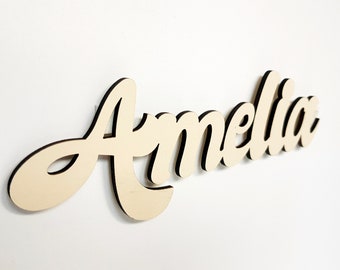 Wooden baby name sign personalized for door kids bedroom child laser cut retro font custom word