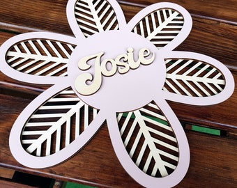 Wooden name sign, rattan flower,  personalized nursery boho decor wood plaque daisy kids bedroom baby plaque laser cut newborn girl gift