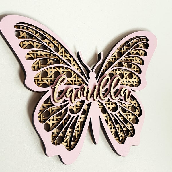 Wooden name sign, rattan butterfly plaque, personalized nursery boho decor for kids bedroom baby laser cut newborn girl gift