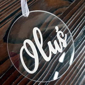 Simple clear acrylic ornament personalized name bauble with custom word engraved