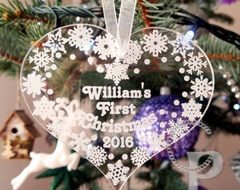 Personalized name bauble heart star shape first Christmas tree ornament decorations Xmas any message your text clear gold or silver mirror