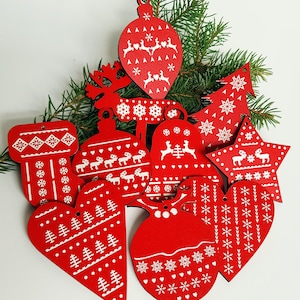 Wooden Christmas ornaments Nordic Scandi pattern hand painted wood crafts decoration 10 pieces wood laser cut