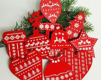 Wooden Christmas ornaments Nordic Scandi pattern hand painted wood crafts decoration 10 pieces wood laser cut