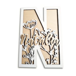 Letrero de madera con nombre de flor, letras de monograma de flores silvestres, decoración de guardería personalizada, placa de madera, placa para dormitorio de niñas, regalo para bebé recién nacido