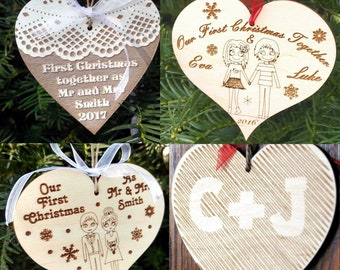 Personalized name bauble wooden heart shape first Christmas tree ornament decorations Xmas any message text wooden natural tree decortions