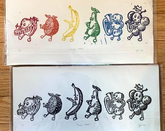 Fruity Tunes- Fruit Marching Band- Original Linocut Print