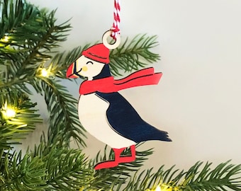 Hand painted wooden Puffin decoration, Christmas decorations, coastal,nautical, puffin, wooden decorations, stocking filler, Devon, Cornwall