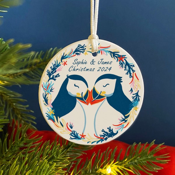 Personalised Puffin Decoration, wedding gift, couples gift, Christmas decoration, Stocking filler, Puffin gifts, coastal, nautical decor