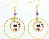 Creole Earrings cabochon figurine Kokeshi