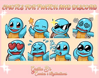 Squirtle Twitch & Discord Emote pack (8 Emotes), Streamer emotes, anime video game characters | Digital Download