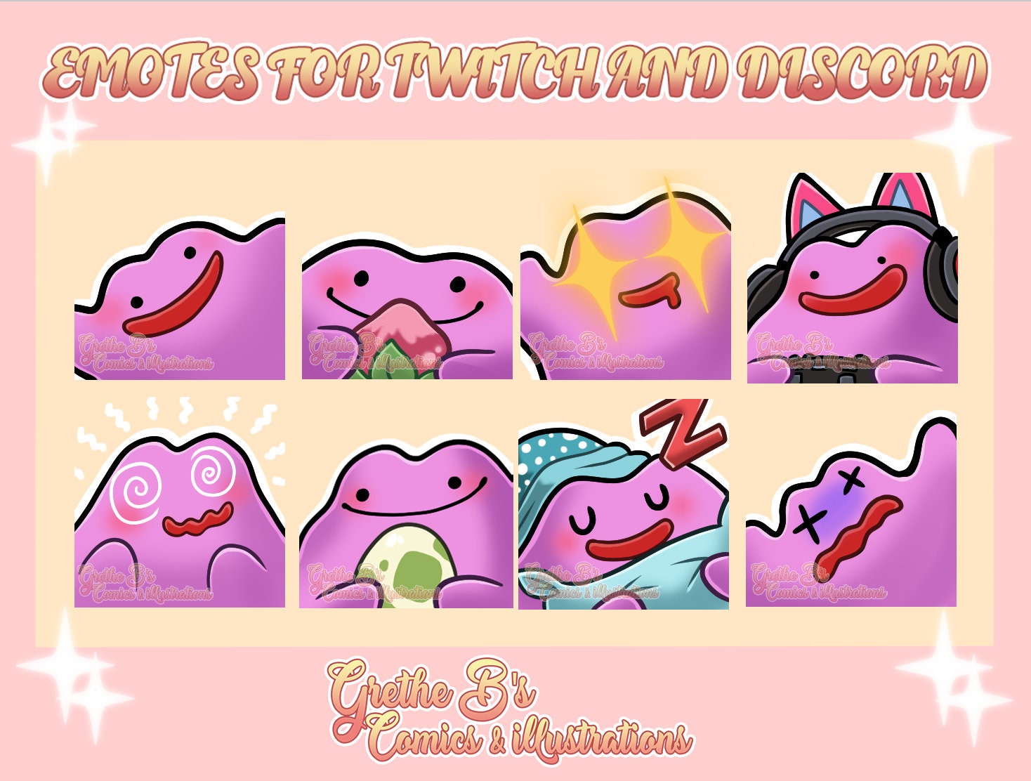 Ditto Twitch & Discord Emote pack (8 Emotes), Streamer emotes, anime video game characters | Digital Download