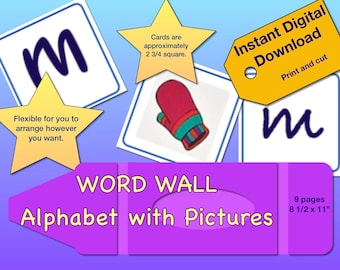 Alfabeto de pared de palabras, letras e imágenes, visualización preescolar, tabla alfabética, alfabeto preescolar, imágenes del alfabeto, visualización del alfabeto