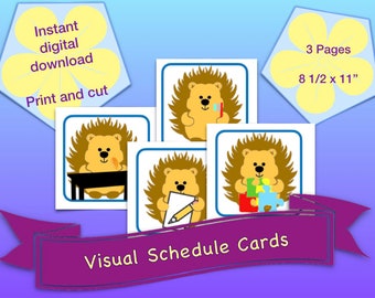 Tarjetas de horario visual, tarjetas de erizo, horario preescolar, tarjetas de horario, horario diario, horario escolar, impresión y corte, horario colorido