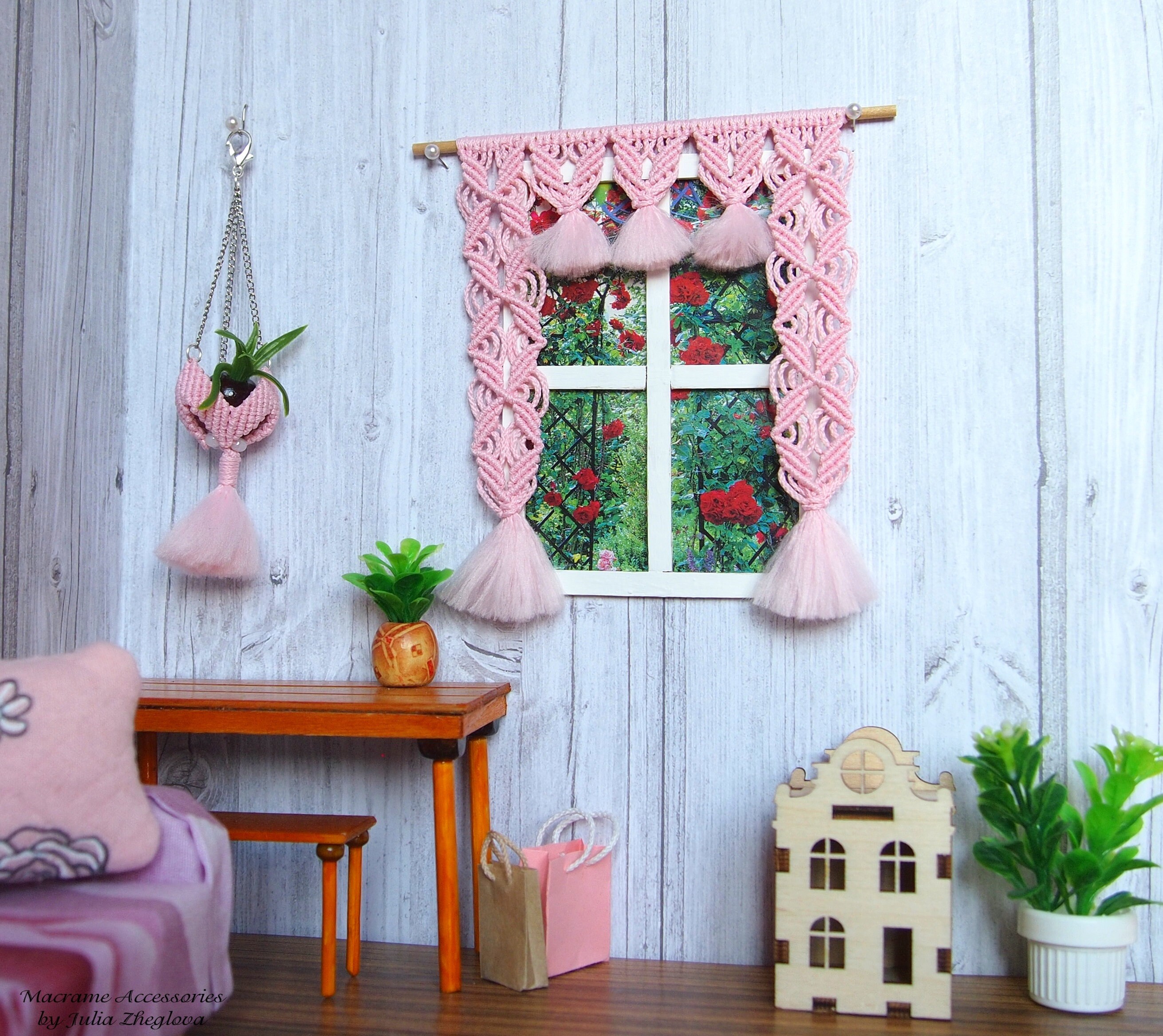 Dollhouse curtain pink macrame doll house curtain 112 Etsy