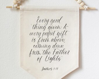 James 1:17 Scripture Canvas Banner, Nursery Wall Hanging with Wooden Beads