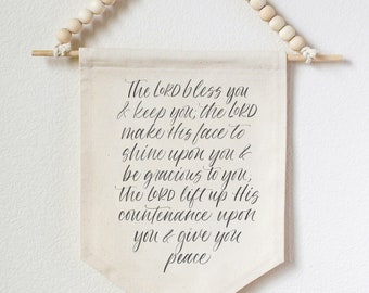 Scripture Canvas Wall Hanging Banner | The Lord Bless You and Keep You | Nursery Decor | Baby Shower Gift | Handlettered  Hanging Pennant