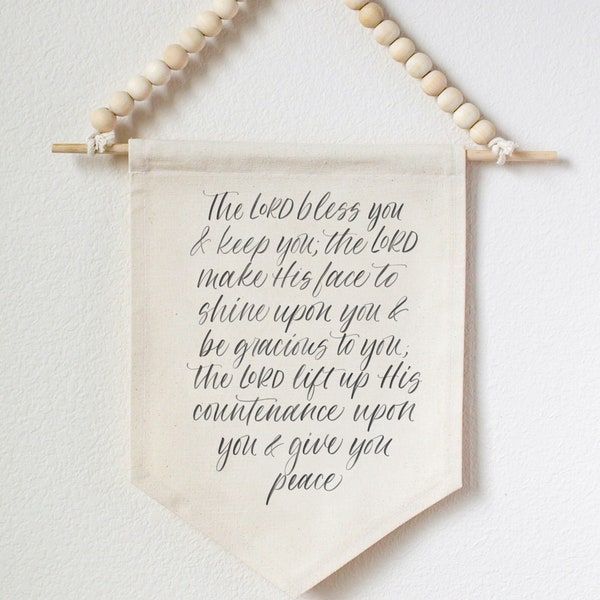 Scripture Canvas Wall Hanging Banner | The Lord Bless You and Keep You | Nursery Decor | Baby Shower Gift | Handlettered  Hanging Pennant