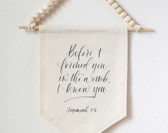 Jeremiah 1:5 Scripture Wall Hanging, Canvas Banner with Wood Beads