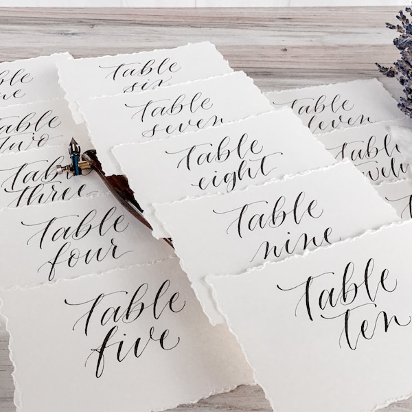 Table Number Flat Cards for Wedding | Hand Torn | Deckled Edge| Wedding Table Numbers | Custom Wedding Calligraphy | Custom Placecards