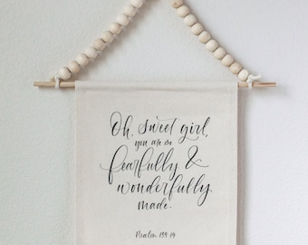 Hand-Lettered Scripture Canvas Banner | Baby Girl Nursery Decor