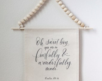 Hand-Lettered Scripture Canvas Banner | Neutral Baby Boy Nursery Decor