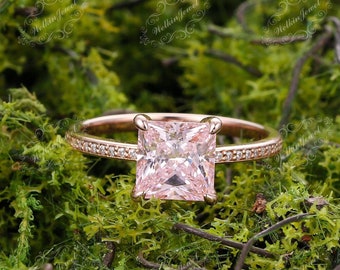 Vintage Pink Sapphire Engagement Ring Women Promise Ring- 14K Rose Gold Unique Princess Cut Pink Sapphire Art Deco Bridal Anniversary Ring