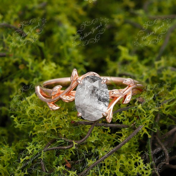 Unique Bridal Leaf Galaxy Raw Salt and Pepper Diamond Promise Ring- Handmade Vine Style Gray Diamond Ring for Her- Christmas Gift for Mother