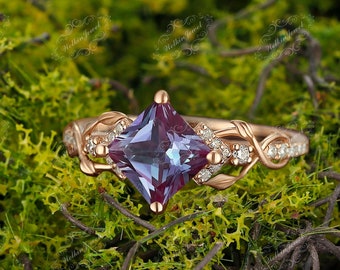 1.5CT Princess cut Alexandrite engagement ring Vermeil Gold Nature inspired ring alexandrite diamond bridal ring set women gift for lover