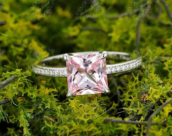 Vintage Pink Sapphire Engagement Ring Women Promise Ring- 14K Rose Gold Unique Princess Cut Pink Sapphire Art Deco Bridal Anniversary Ring