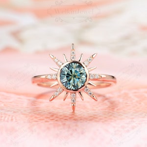 Special Proposal Gemstone Ring- 0.80ct Round Bezel Setting  Blue Moissanite Engagement Ring- 14k Rose Gold Sun Design Design Wedding Ring