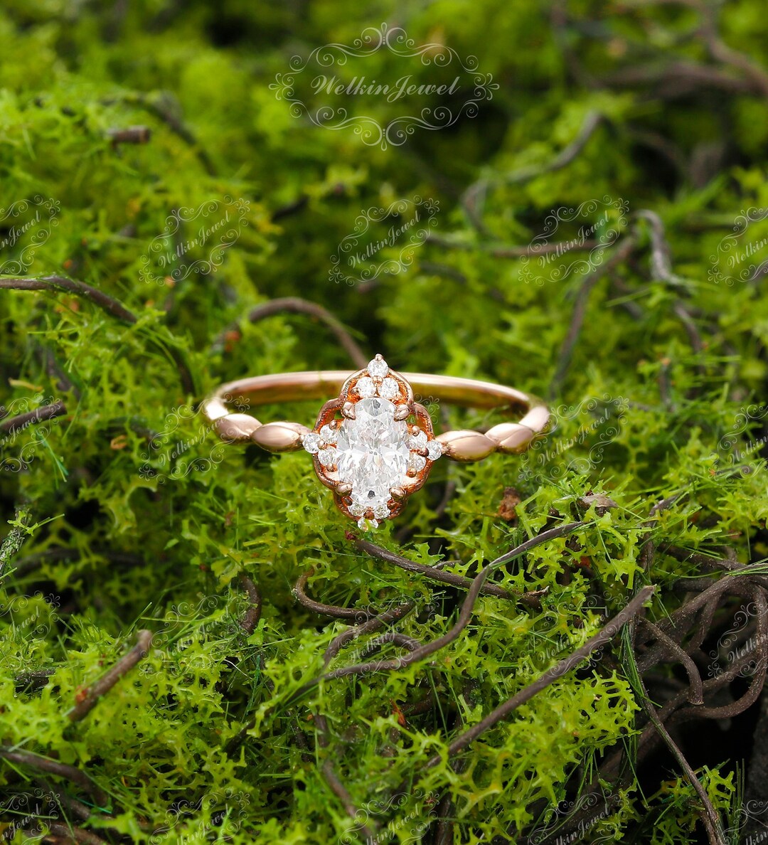 Plain Gold Engagement Ringvintage Halo 4x6mm Oval Cut Moissanite Birdal Ringhandmade