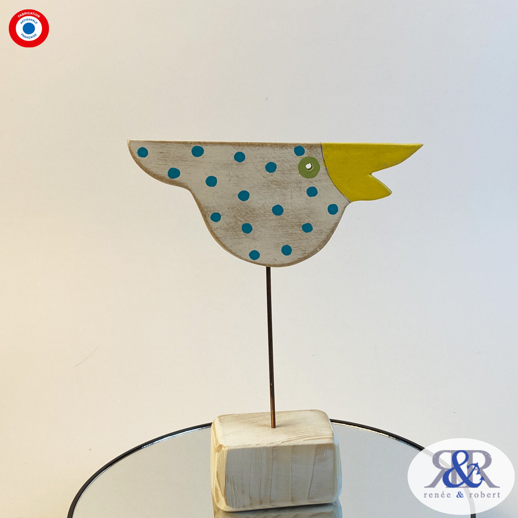 Deco Chambre Enfant - Oiseau en Bois Peint et Vernis sur Socle Recyclé Création Artisanale Française