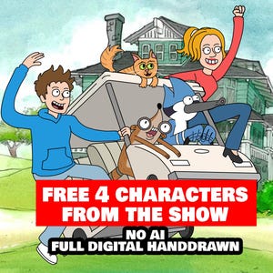 May include: Digital illustration of four cartoon characters in a golf cart, with a house in the background. The characters include a boy in a blue hoodie, a woman in a red shirt, a blue bird, a cat, and a dog. Text on the image reads "FREE 4 CHARACTERS FROM THE SHOW".