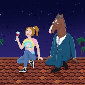 May include: An animated illustration shows a woman and a horse-like character on a tiled roof under a starry night. The woman holds a glass of red wine, wearing a tie-dye shirt and jeans. The horse-like character is in a blue suit and tie.