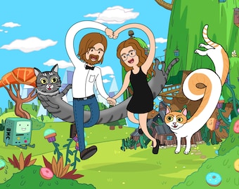 Adventure time portrait, Christmas, birthday, anniversary, couple, valentine, portrait, gifts, custom drawing, posters