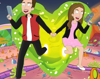 Custom Interdimensional Couple Cartoon Portrait – Morty Rick Artstyle – Digital Art