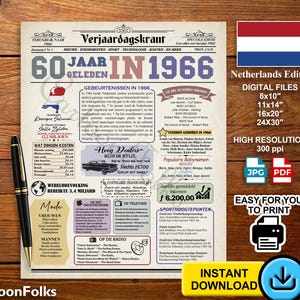 May include: A vintage-style print titled "Verjaardagskrant 1966," featuring Dutch text and graphics. The design includes a Netherlands flag, historical facts, and a classic car illustration. Available as digital files.