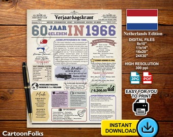 Poster 60e VERJAARDAG, 60e, REALISTISCHE Krant Look, 1966, The Year You Were Born, Verjaardagscadeau, Feestdecoratie, Nederlands, Nederland