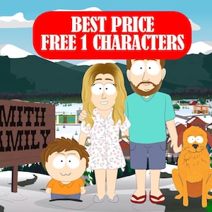 Puede incluir: Retrato familiar de dibujos animados al estilo South Park. La imagen presenta una familia de cuatro, incluido un perro, de pie frente a un letrero que dice "Smith Family". Una pancarta roja en la parte superior dice "Best Price Free 1 Characters".
