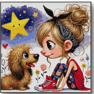 Patrón de punto de cruz de niña y cachorro encantador: diseño en PDF de estilo de dibujos animados para amantes de los perros, bordado lindo y caprichoso para la decoración del hogar