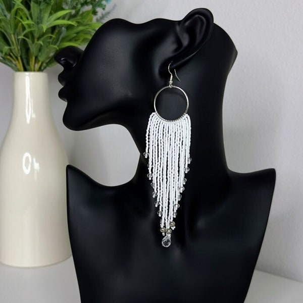 Handmade seed bead drop fringe earrings, White elegant seed bead earrings, Artisanal beaded jewelry