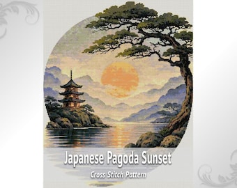 Japanese Pagoda Cross Stitch Pattern, Sunset Landscape Embroidery Design