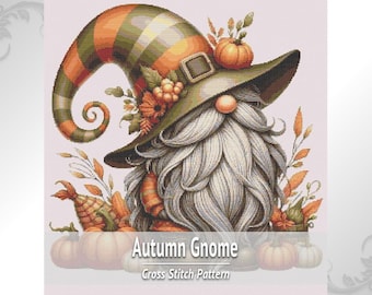 Autumn Gnome Cross Stitch Pattern PDF, Fall Embroidery Design, Pumpkin Stitch Chart